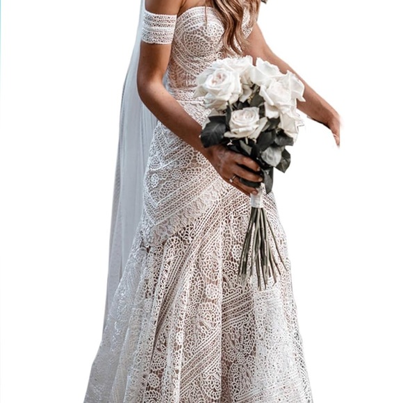 LIPOSA Bohemian Wedding Dress Sweetheart Mermaid Lace Bridal Gown - Picture 5 of 17